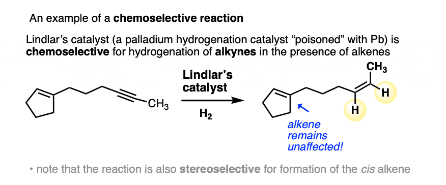 hydrogenation of alkynes with LIndlars catalyst is an example of a chemoselective reaction
