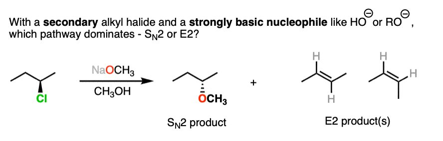 with a secondary alkyl halide and strongly basic nucleophile which pathway dominates sn2 or e2