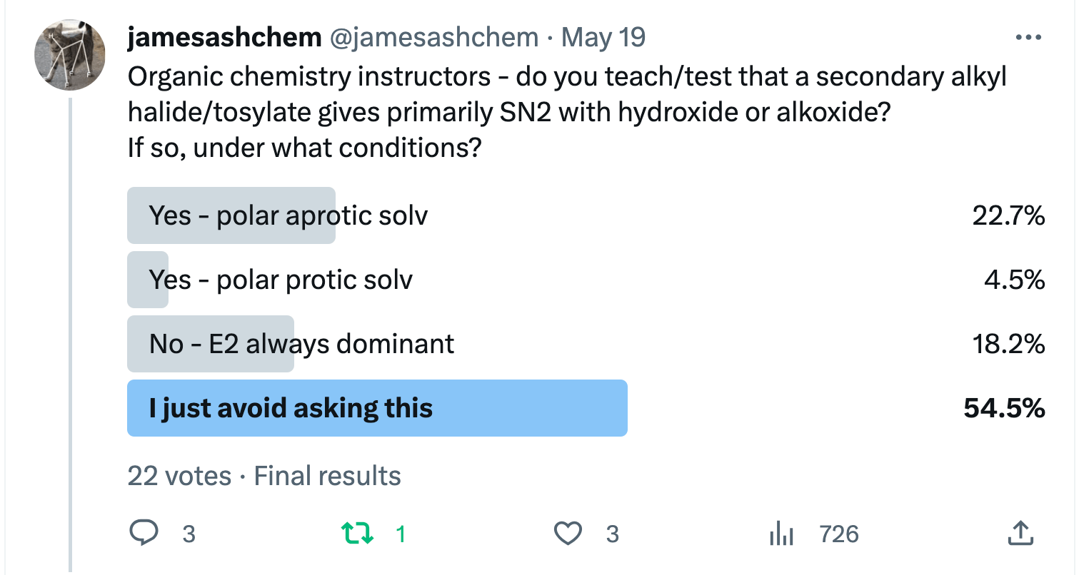 Quiz of instructors on whether secondary alkyl halide plus alkoxide gives sn2 or e2