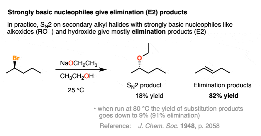 example of sn2 vs e2 on with alkoxide on 2-bromopentane gives 82 per cent elimination products