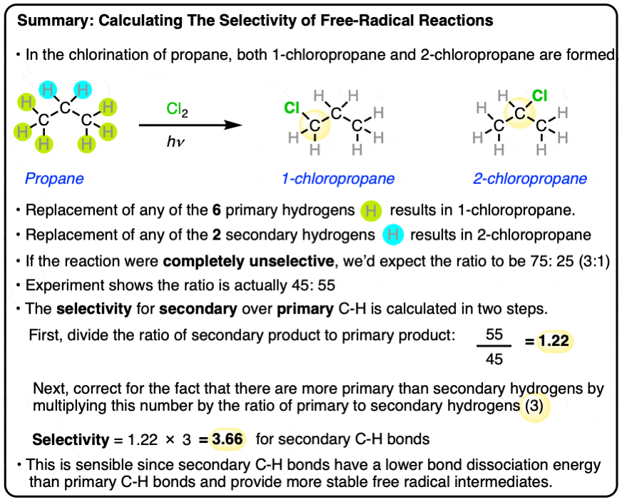 summary-how to calculate the selectivity of free radical reactions for secondary over primary