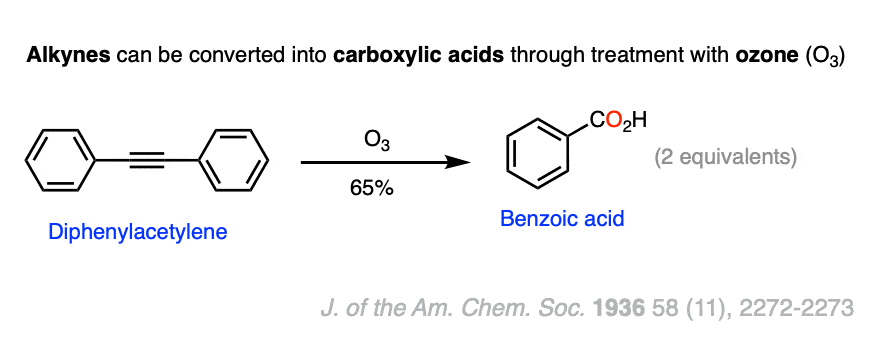 ozonolysis of alkynes by ozone giving carboxylic acids yields are fairly low intermediate ozonide