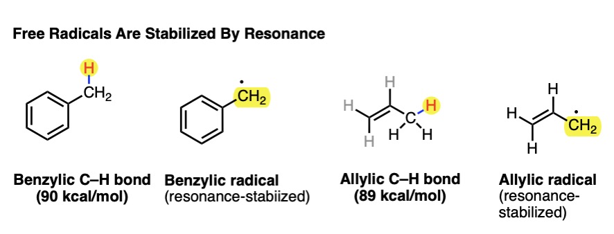 allylic and benzylic C–H bond strengths about 89 or 90 kcal per mole stabilized radicals