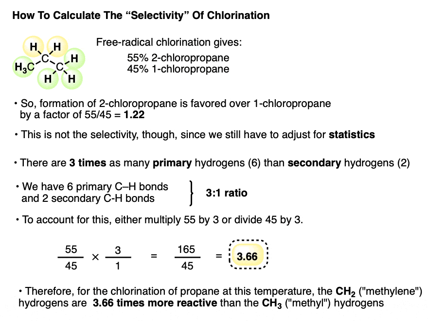 calculate selectivity for secondary over primary for free radical chlorination of propane given 55 45 ratio of products favoring secondary-rev