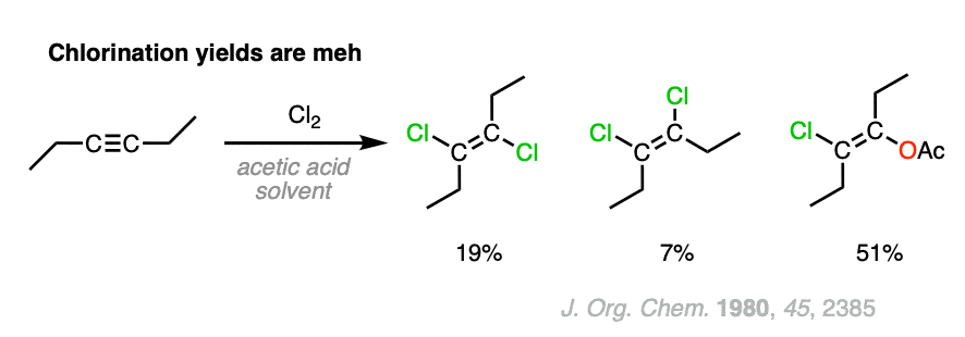 chlorination of alkyl acetylenes has poor yields of trans dichloroalkenes and lots of incorporation of acetic acid
