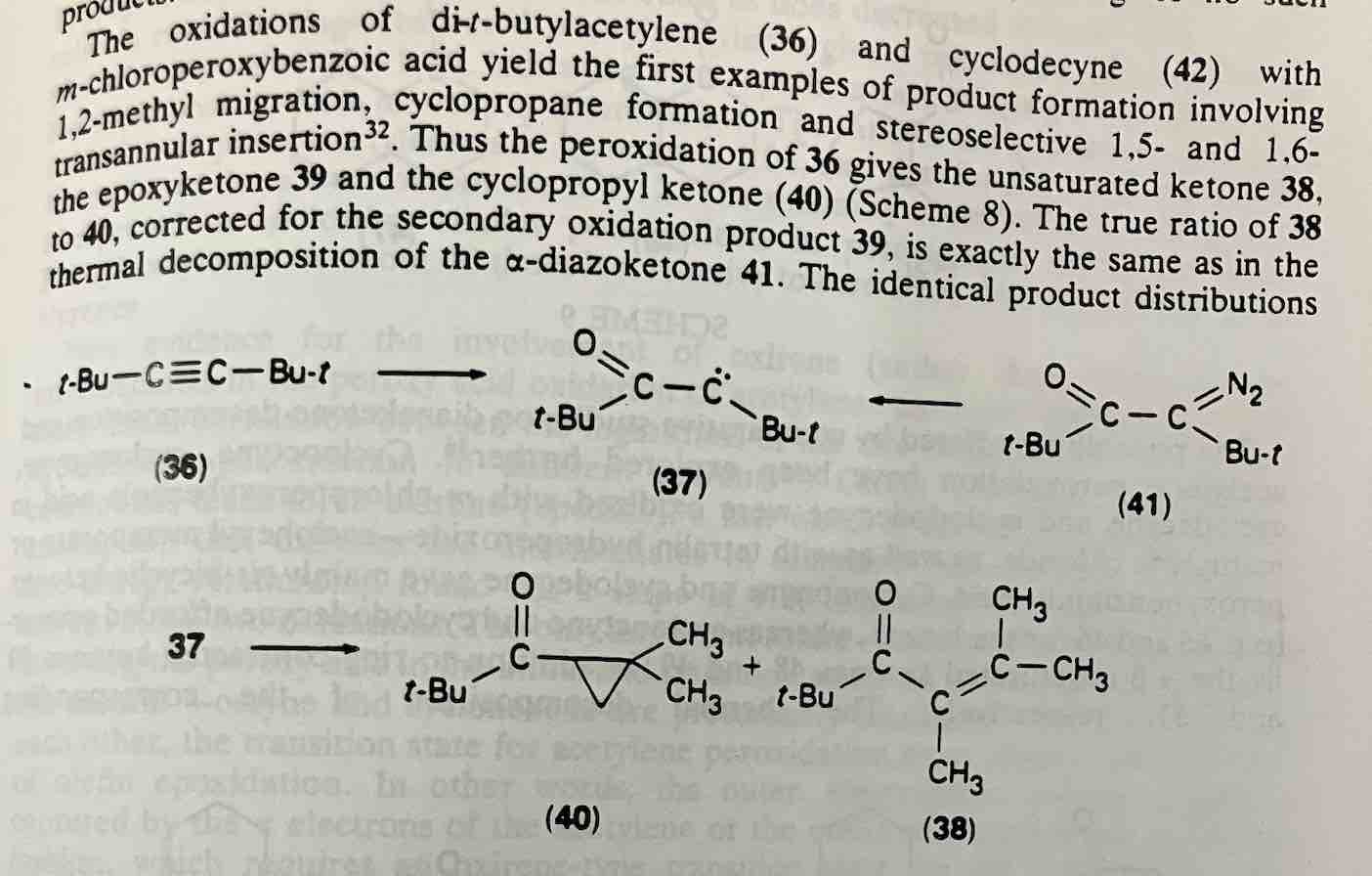 mcpba oxidation of alkyne gives transient oxirene followed by rearrangement to carbene c-h insertion shrunk