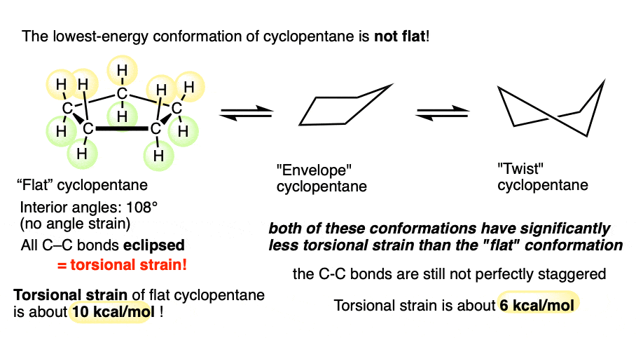 flat cyclopentane with interior angle of 108 has no angle strain but 10 kcal mol torsional strain envelope favored