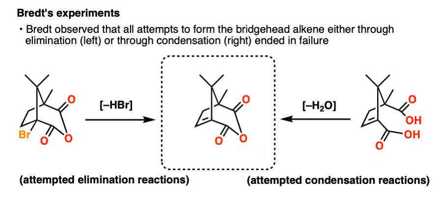 actual experiments by bredt that failed to produce bridgehead olefins