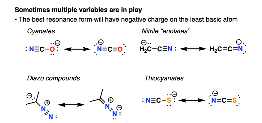 determining best resonance form anion sometimes multiple variables compete cyanate diazo nitrile enolates thiocyanates