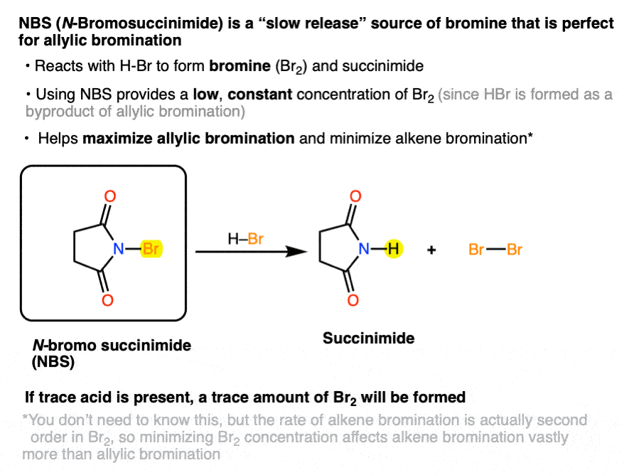 -nbs reaction with trace acid results in a low concentration of br2